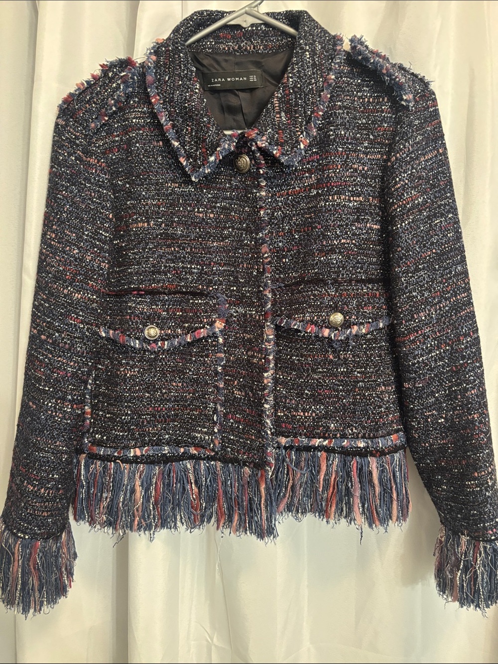 Zara Multicolor Navy Tweed Fringed Hem Jacket
